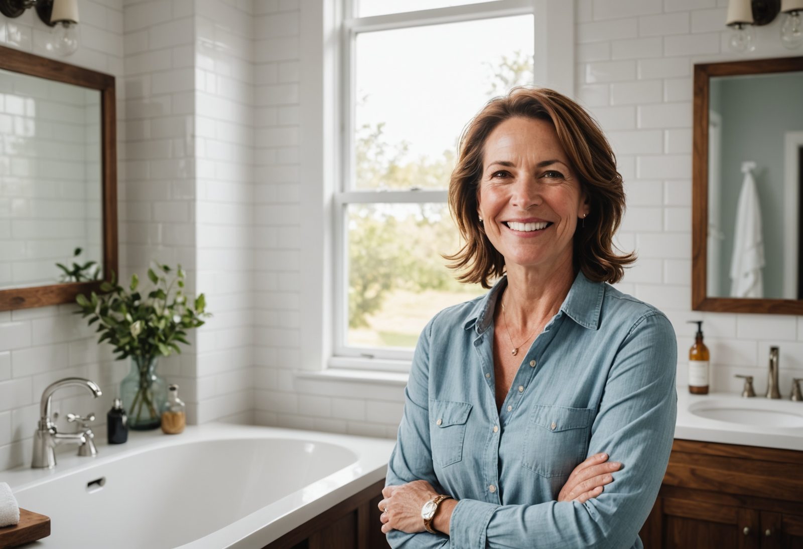 A smiling woman with folded arms stands in a white tiled bathroom beside a tub